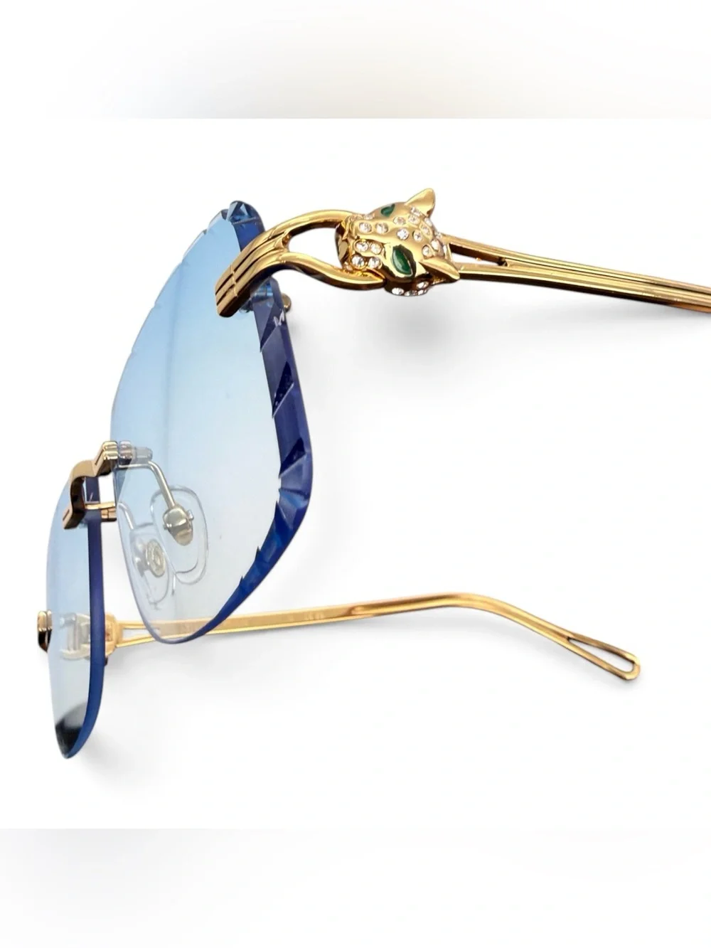 Cartier Gold Frame Blue Gradient Rimless Sunglasses with Decorative Temples